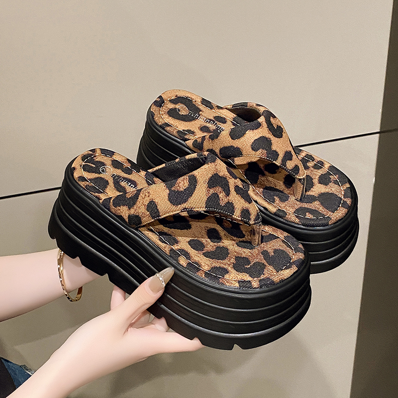 Summer Clothing Korea - 8CM Women Leopard Chunky Slippers Summer