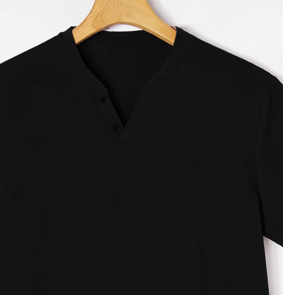 Elegant Black Henley Short-Sle - Summer Cloth ulasan dan harga